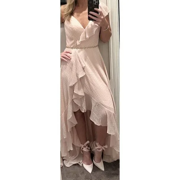 MAC DUGGAL Polka Dot Asymmetrical Ruffle Gown in Salmon Size US 2 - Picture 4 of 12